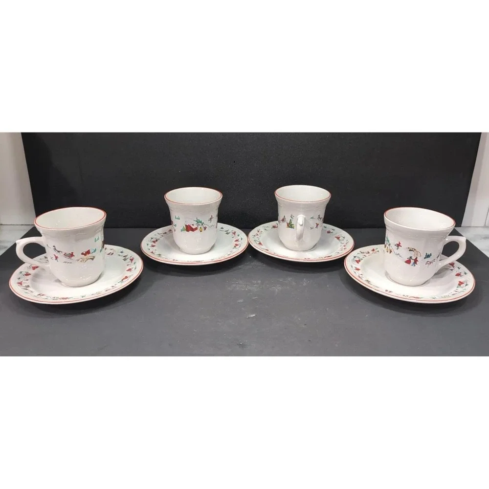 Farberware Babanovsky White Christmas Tea Cup & Saucers, 8 Piece‎ Vintage Set